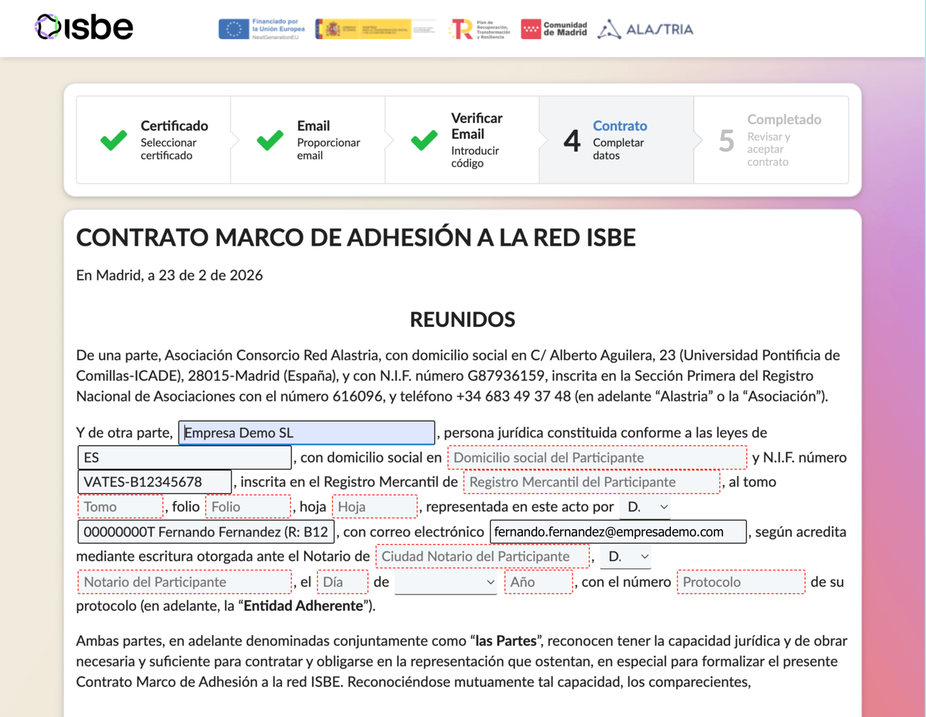 Visualización del contrato cumplimentado