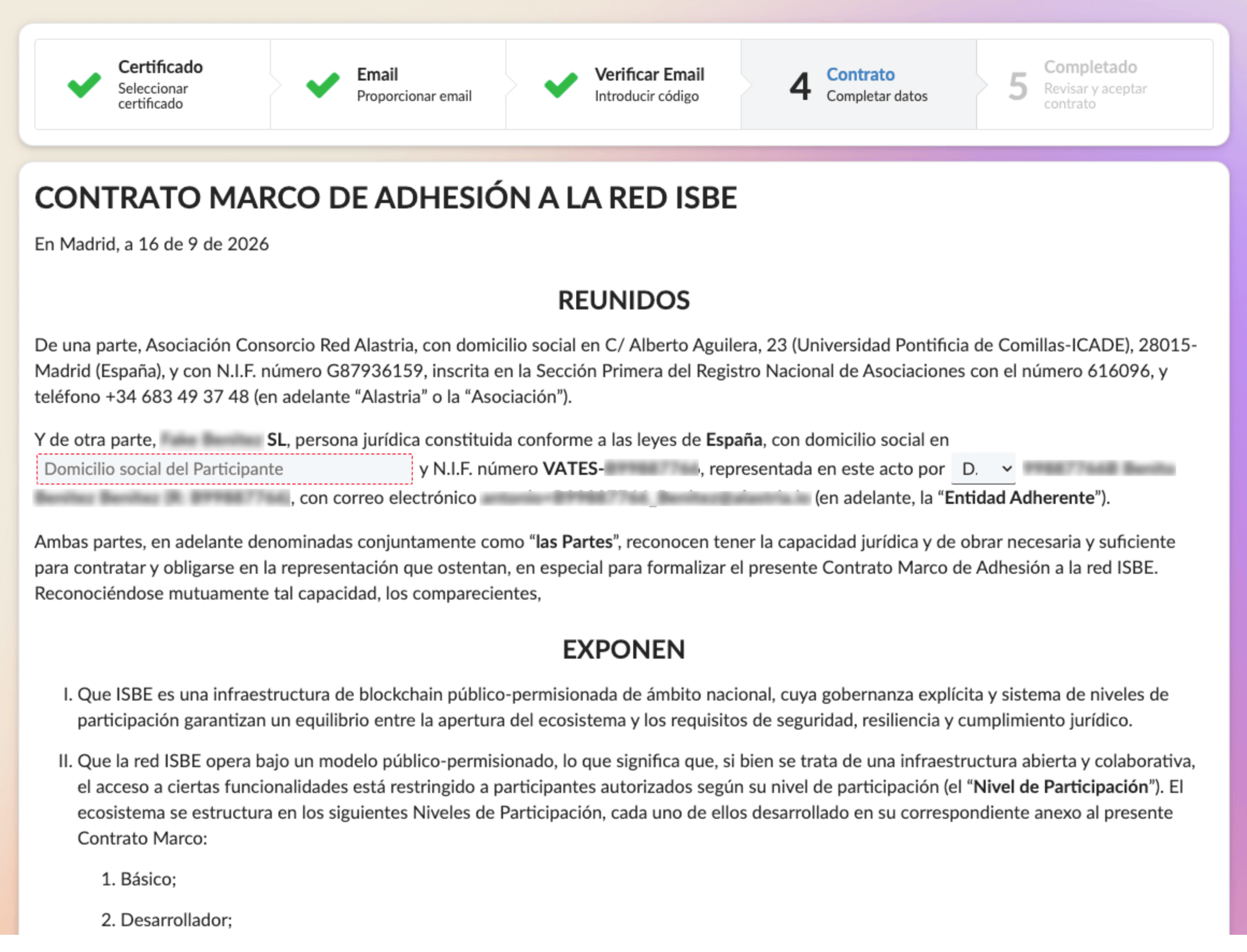Contrato Marco de Adhesión a ISBE sin cumplimentar