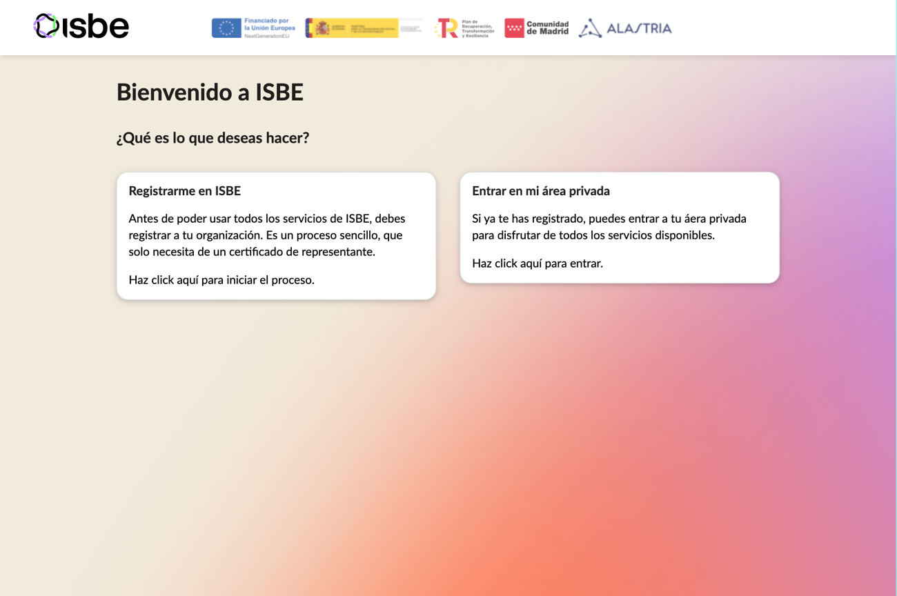 Página de bienvenida de ISBE