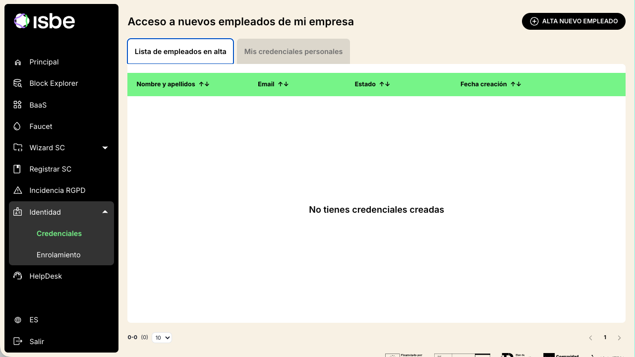 Pantalla Credenciales del Portal ISBE