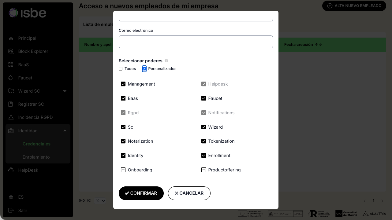 Selección de poderes del empleado