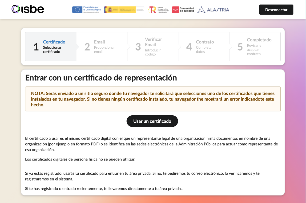 Registration screen — Digital Certificate option
