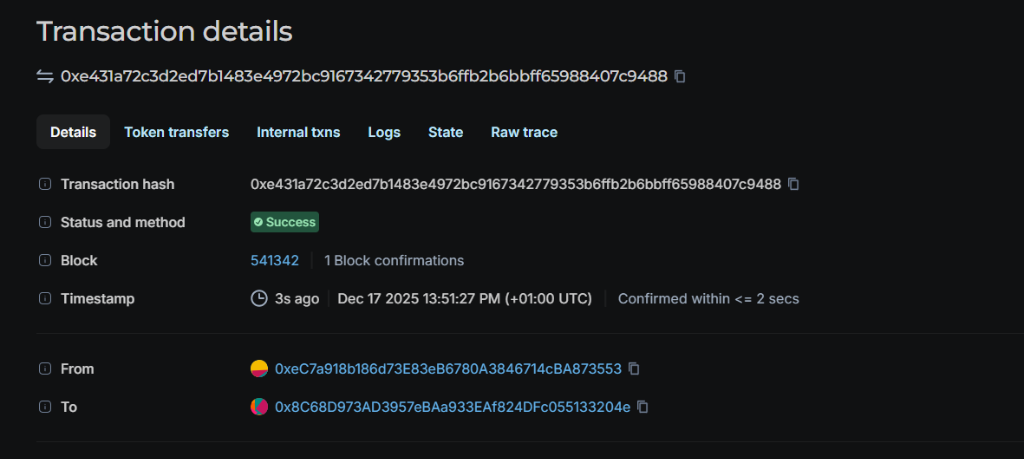 Transaction details in the explorer